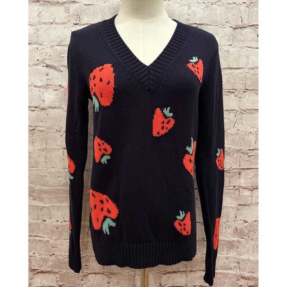 LOFT Sweater Womens XS Blue Strawberry Knit Cotton V-Neck Pullover Casual NEW